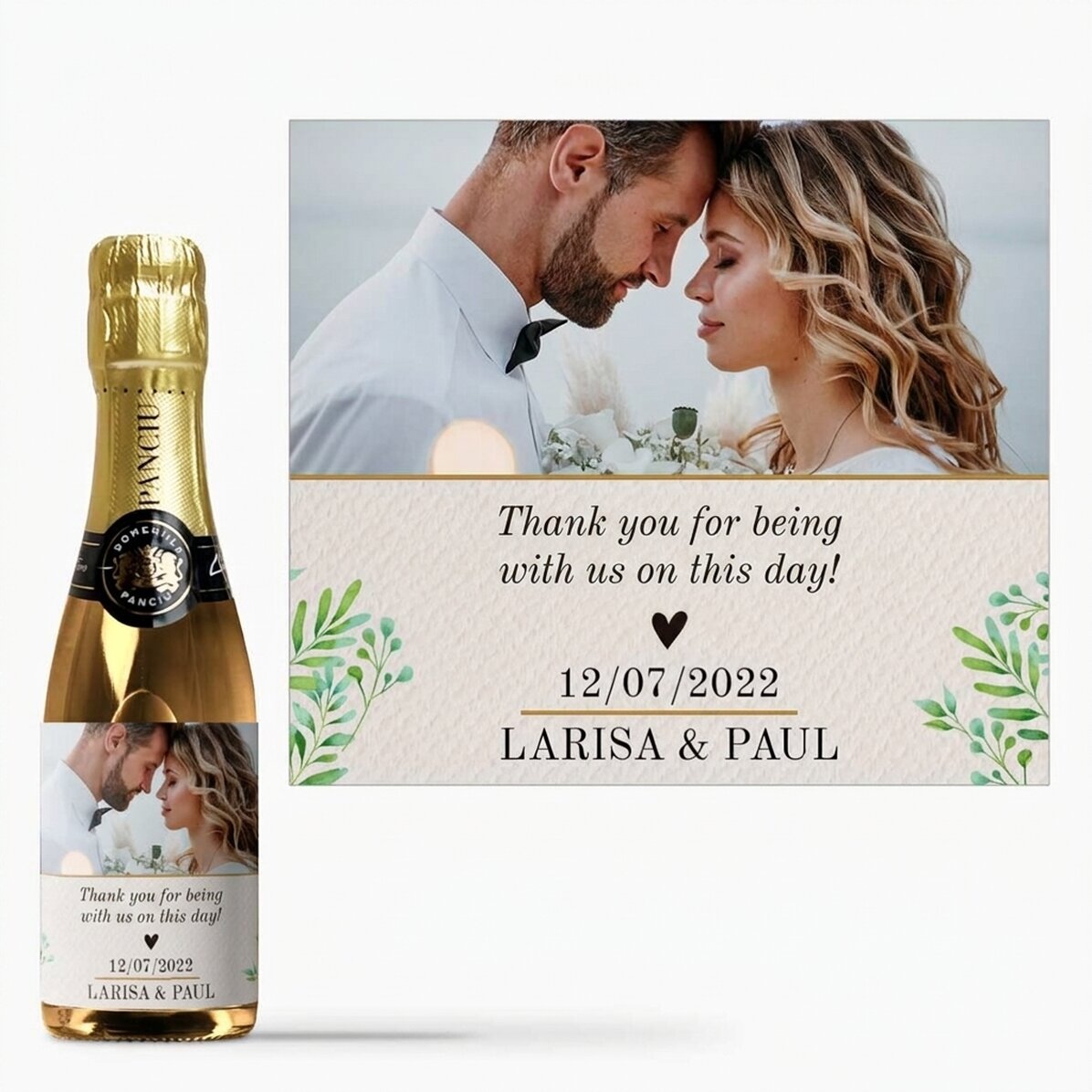 Kleine Flasche Sekt als personalisiertes Geschenk mit Foto und Text – Vielen Dank!