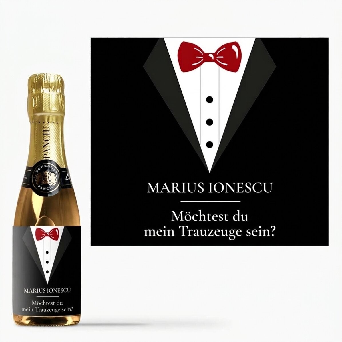 Kleine, mit einem Text personalisierte Sektflasche – Trauzeuge