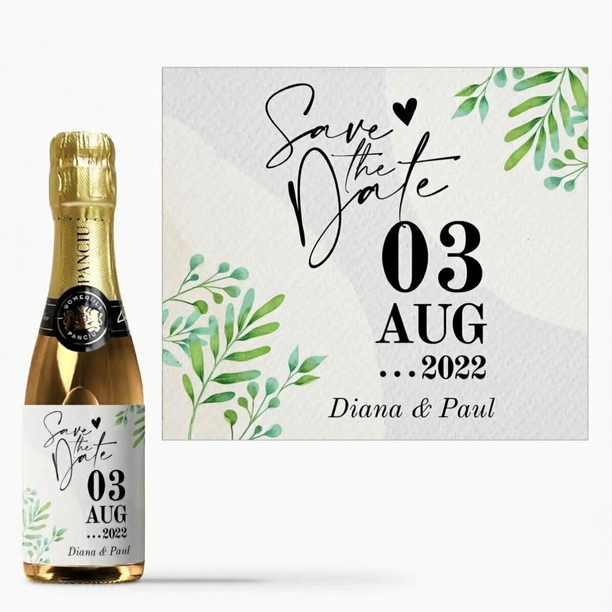 Kleine, mit einem Text personalisierte Sektflasche – „Save the date“