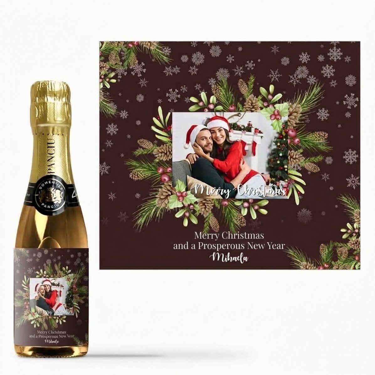 Kleine Sektflasche, individuell gestaltet mit Foto und Text – Weihnachtsdekoration