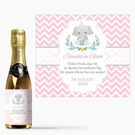 Kleine Flasche Sekt als personalisiertes Taufgeschenk mit Text – Elefant