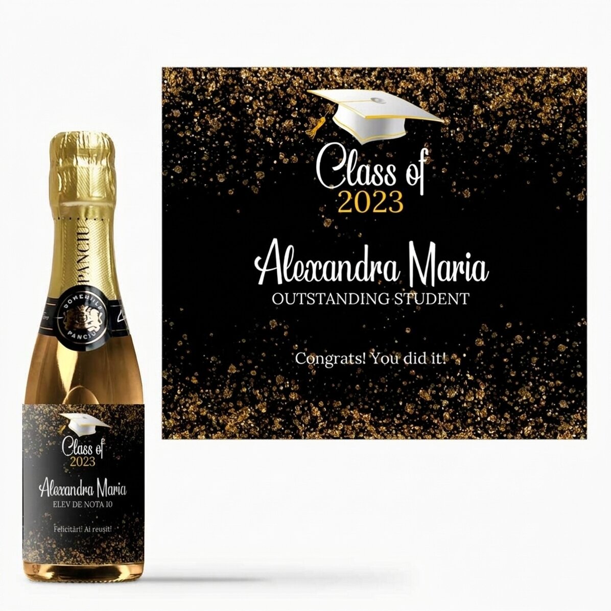 Kleine Sektflasche zum Schulabschluss, individuell mit dem Text „Outstanding student“ bedruckt