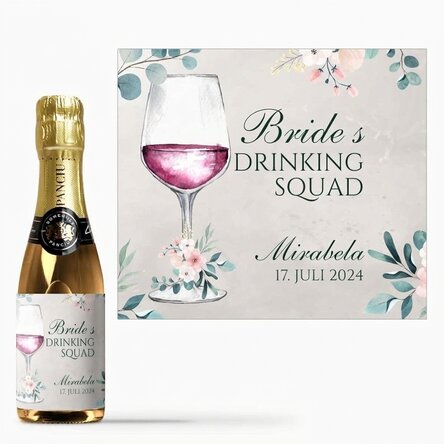 Kleine, mit einem Text personalisierte Sektflasche für den Junggesellinnenabschied