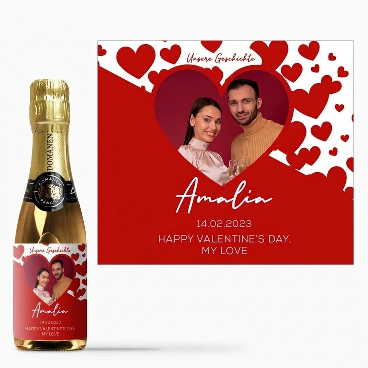 Kleine Sektflasche, individuell gestaltet mit einem Foto und dem Text „Ich liebe dich“
