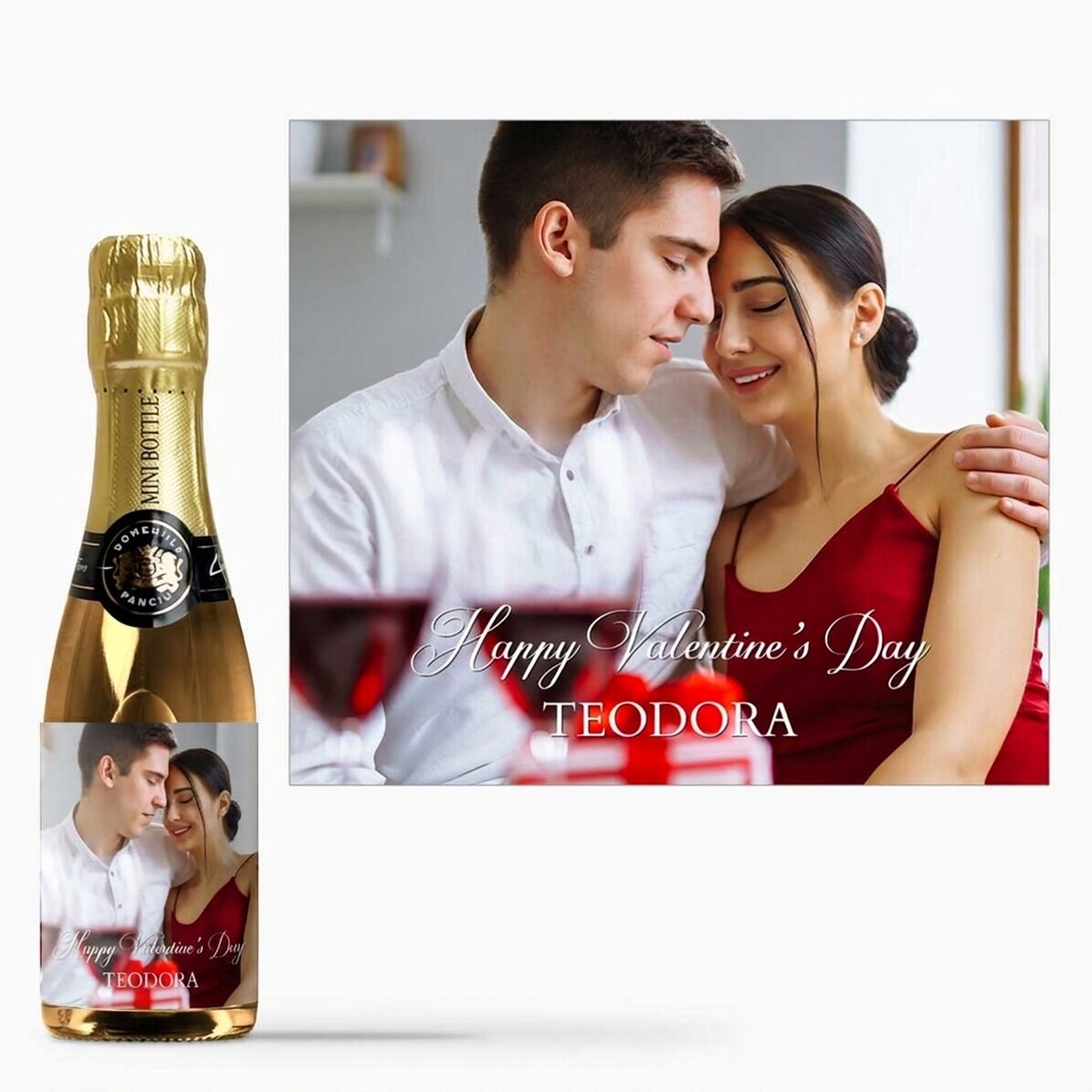 Kleine Sektflasche, individuell gestaltet mit einem Foto und einem Text