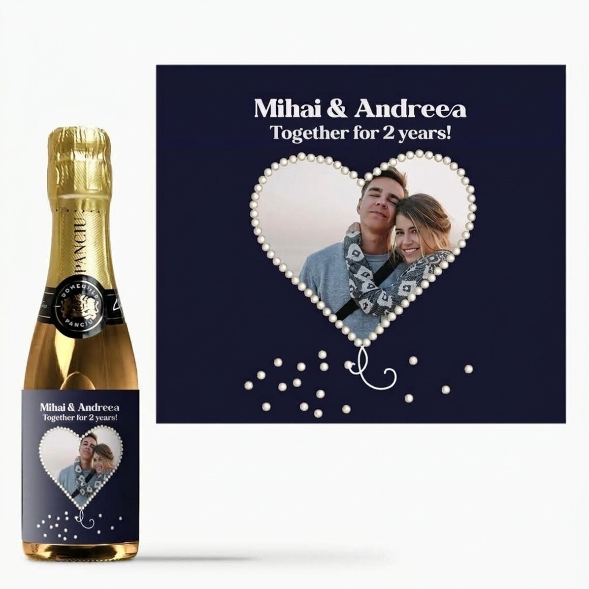 Kleine Sektflasche, personalisiert mit einem Foto in Form eines perlmuttfarbenen Herzens