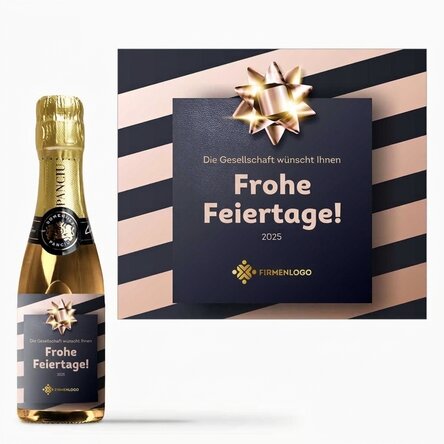 Kleine Sektflasche, individuell gestaltet mit Logo und Text – Weihnachtsgeschenk