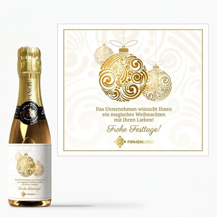Kleine Sektflasche, individuell gestaltet mit Logo und Botschaft – Goldene Weihnachtskugeln