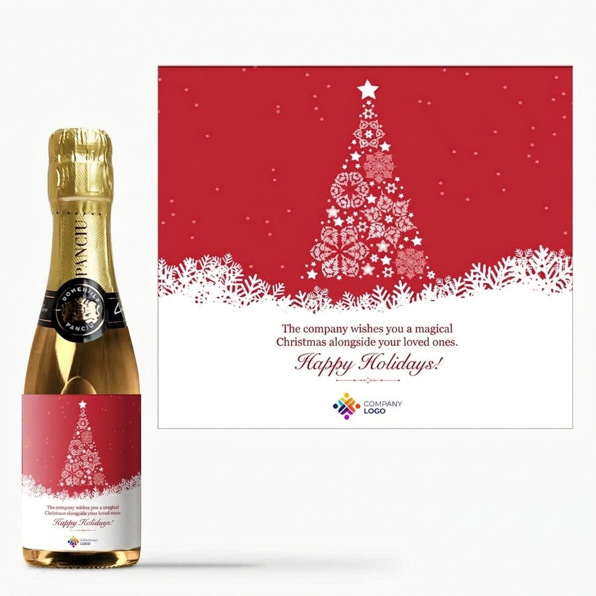 Kleine Sektflasche, individuell gestaltet mit Text und Logo – Weihnachtszauber