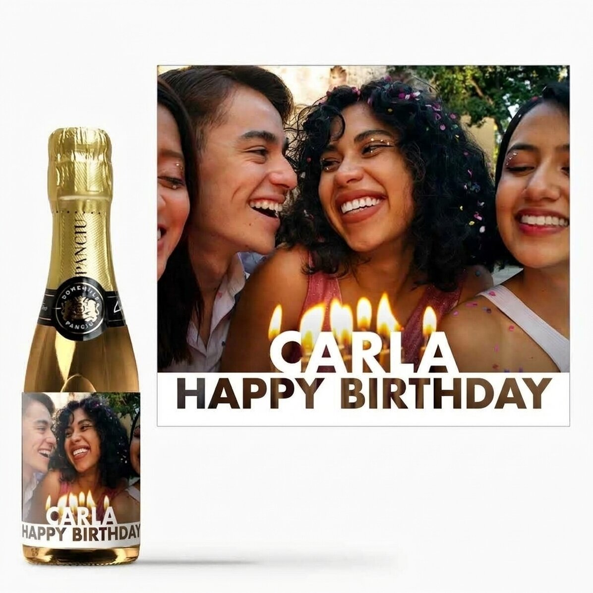 Kleine Sektflasche, individuell gestaltet mit Foto und Namen zum Geburtstag