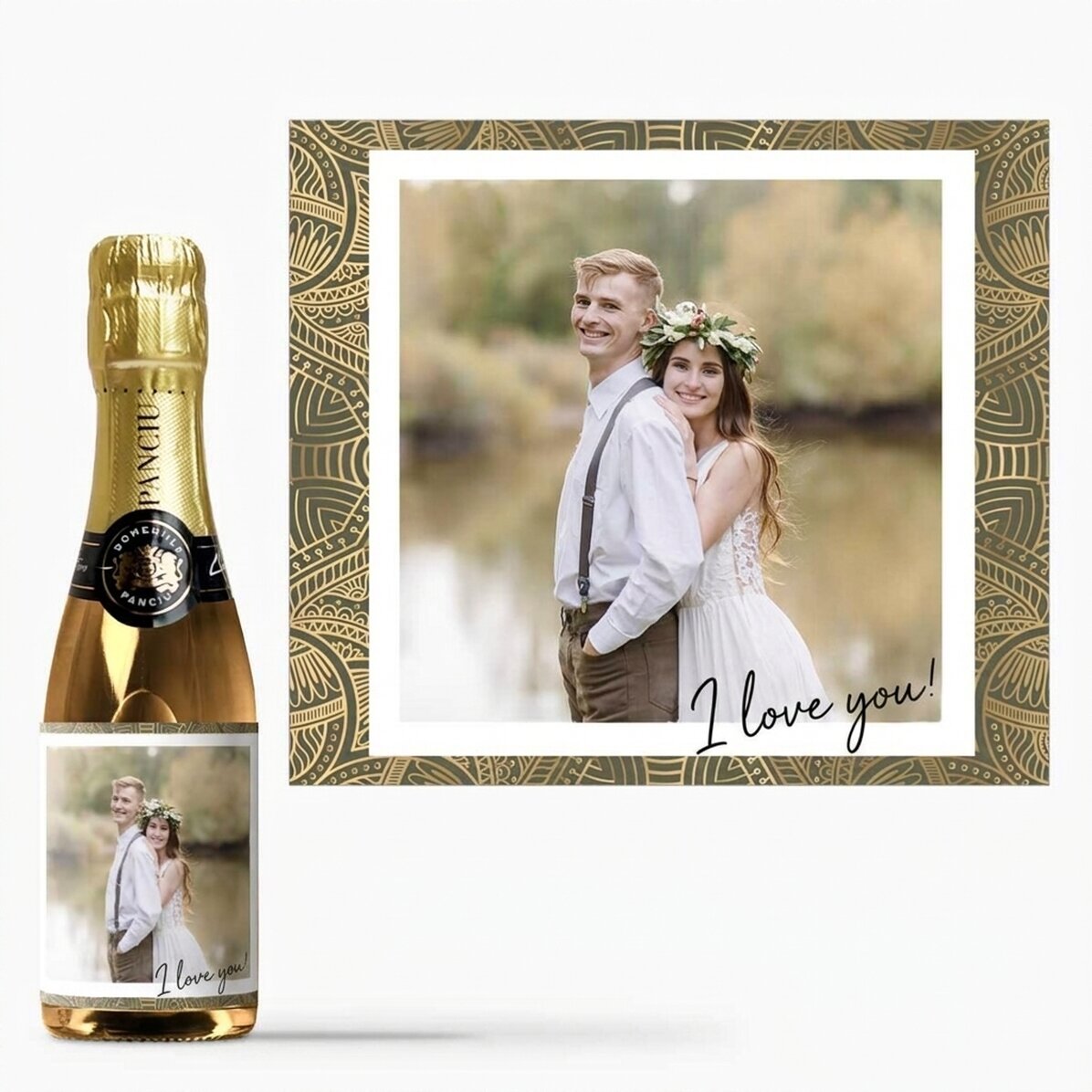 Kleine Sektflasche, individuell gestaltet mit einem Foto – Ich liebe dich!