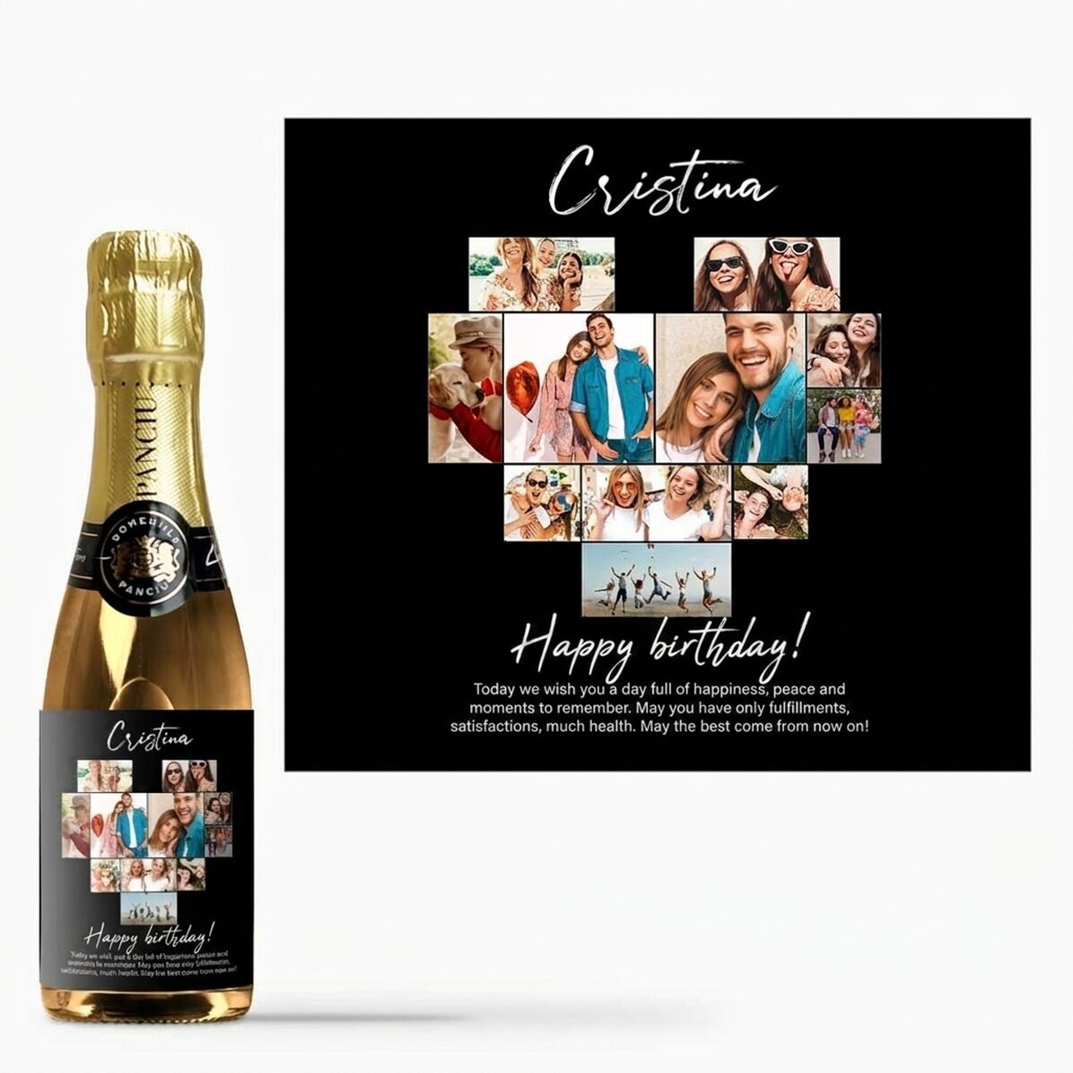 Personalisierte Mini-Sektflasche mit 11 Fotos und einer Botschaft
