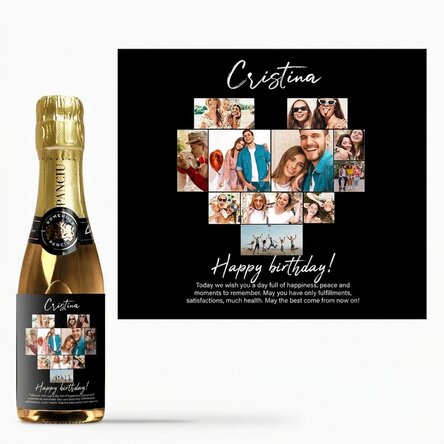 Personalisierte Mini-Sektflasche mit 11 Fotos und einer Botschaft