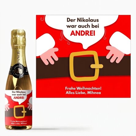 Kleine, personalisierte Sektflasche mit Botschaft – Der Weihnachtsmann ist da