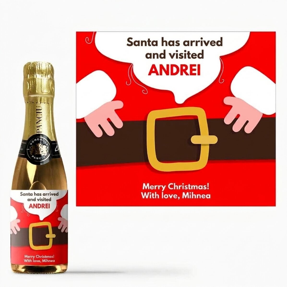 Kleine, personalisierte Sektflasche mit Botschaft – Der Weihnachtsmann ist da