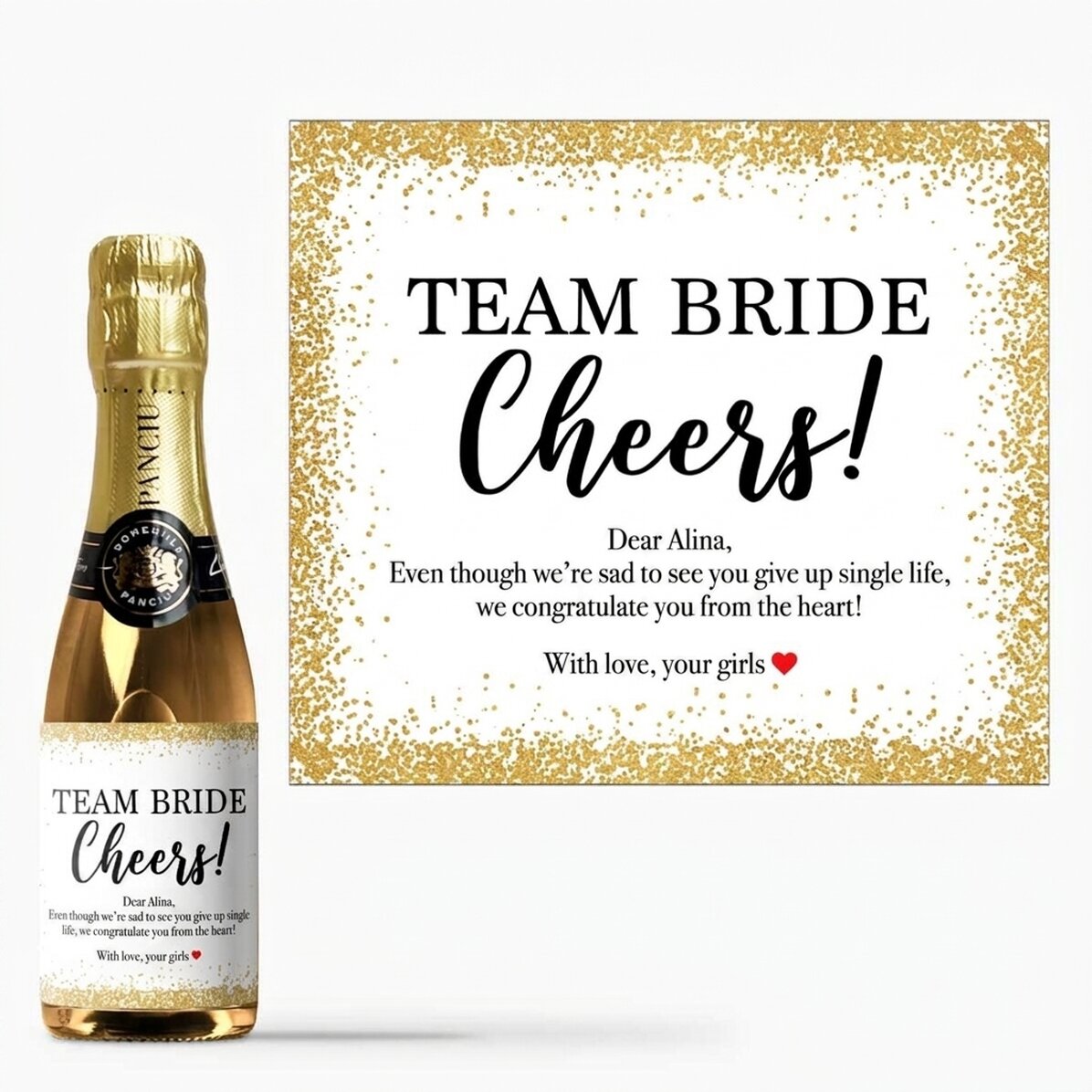 Kleine, mit einem Text personalisierte Sektflasche für den Junggesellinnenabschied – Cheers