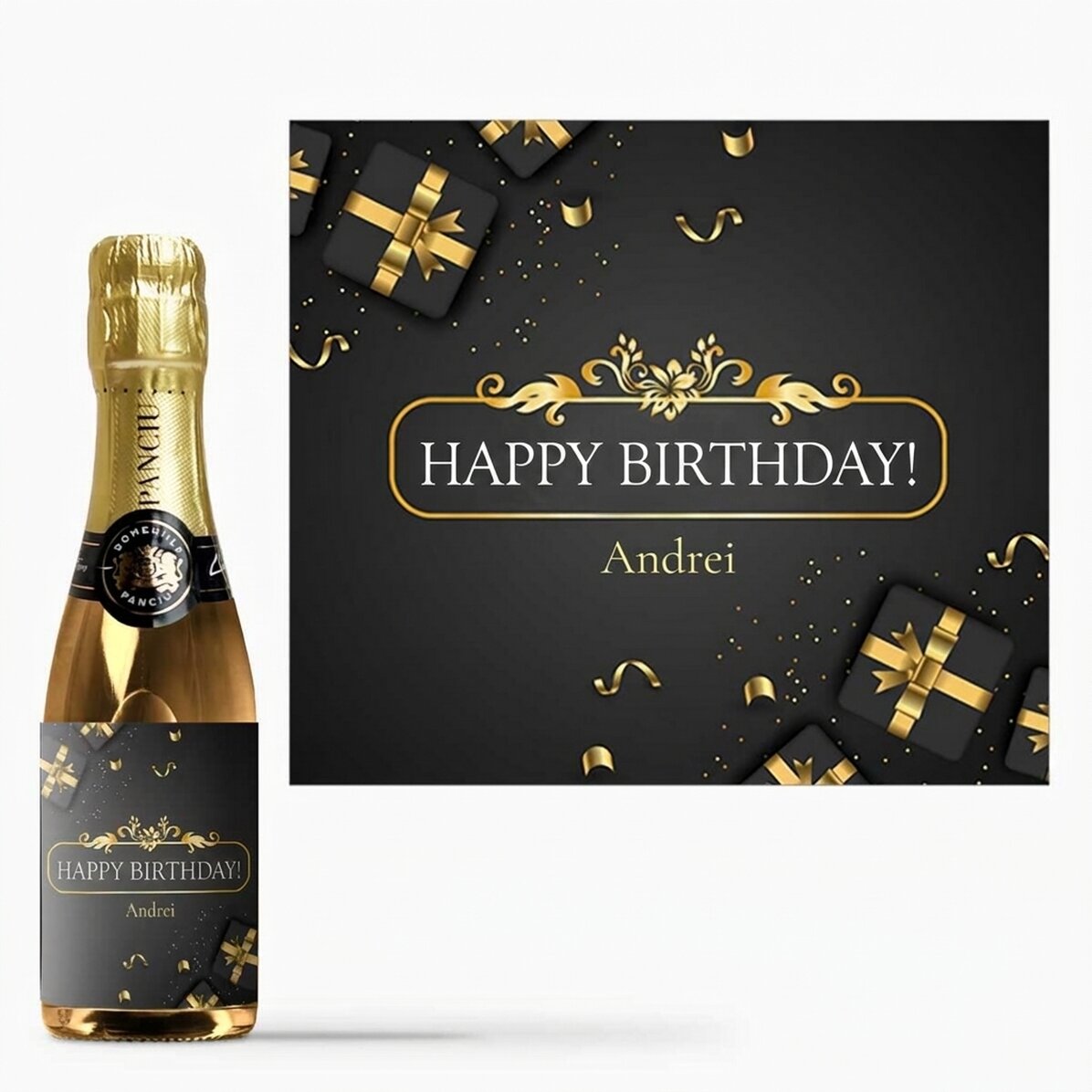 Kleine, personalisierte Sektflasche mit Grußbotschaft – Herzlichen Glückwunsch zum Geburtstag