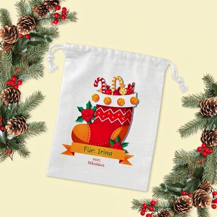 Kleiner Geschenksack, individuell mit Namen bedruckt – vom Nikolaus