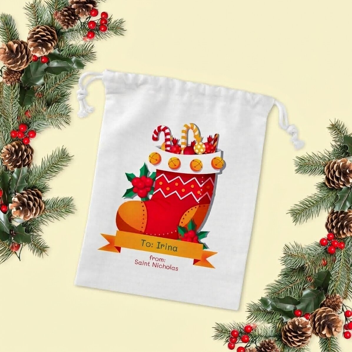Kleiner Geschenksack, individuell mit Namen bedruckt – vom Nikolaus