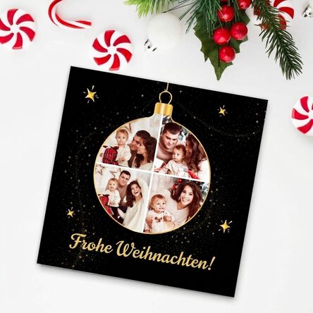 Individuell gestalteter Magnet (10 x 10) mit 4 Fotos und einer Botschaft – Weihnachtskugel