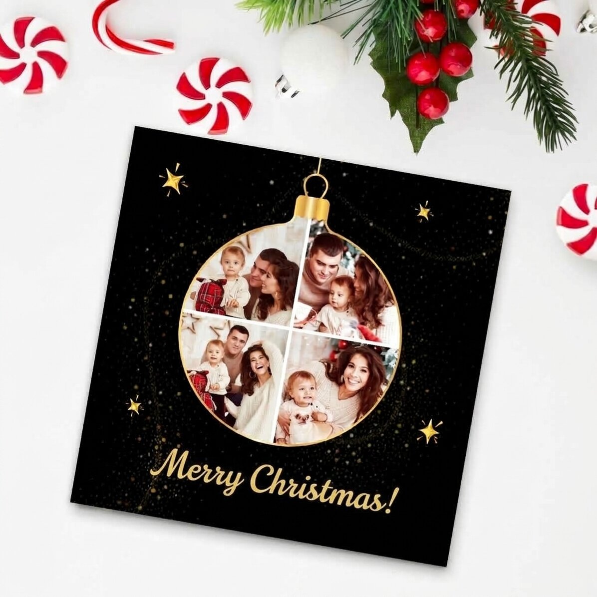 Individuell gestalteter Magnet (10 x 10) mit 4 Fotos und einer Botschaft – Weihnachtskugel