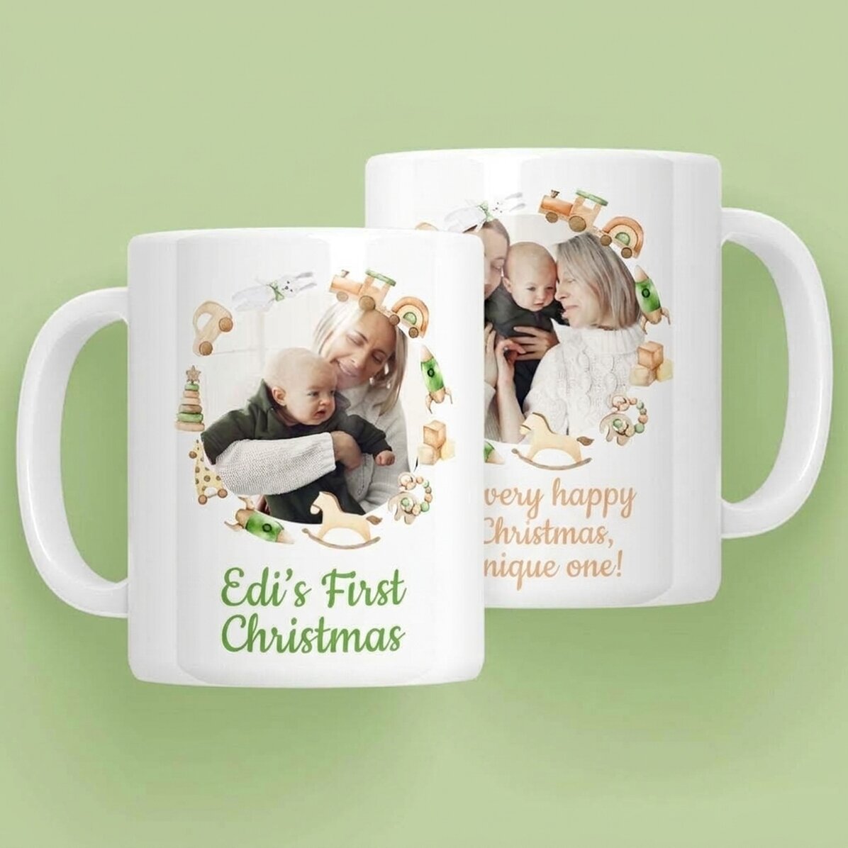 Personalisierte Tasse mit Text und 2 Fotos – Das erste Weihnachtsfest