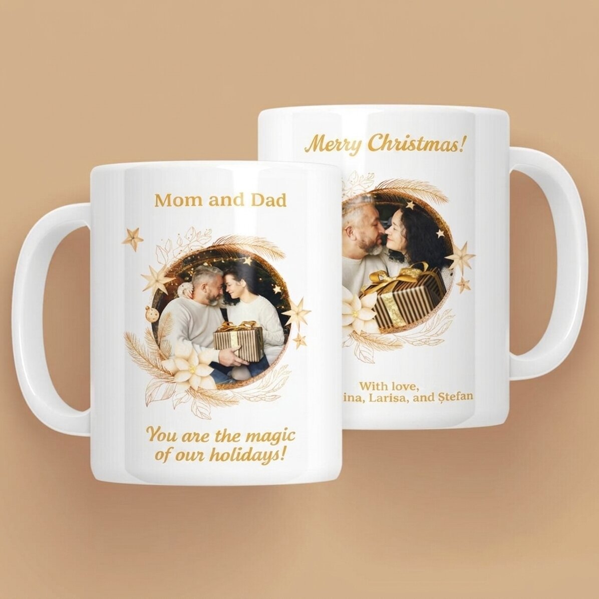 Personalisierte Tasse mit Text und 2 Fotos – Der Zauber der Feiertage