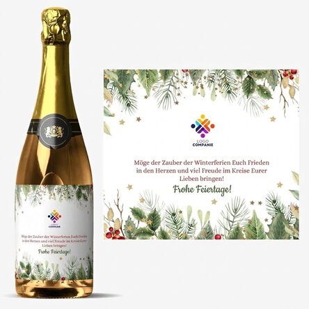 Personalisierter Sekt mit Text und Logo – Frohe Feiertage!