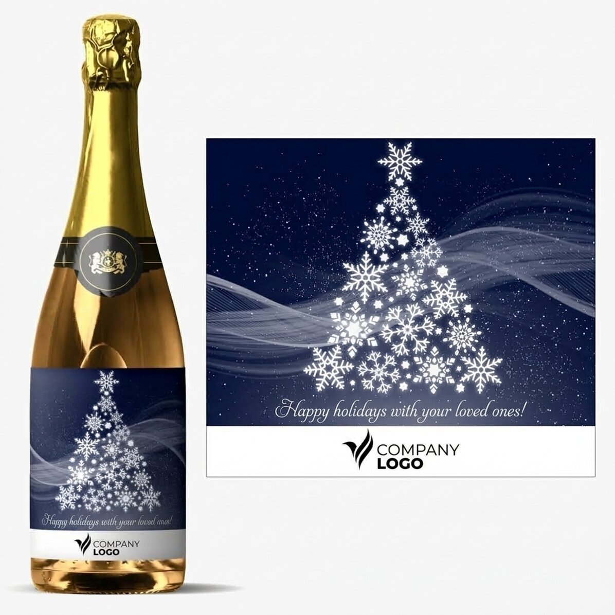 Personalisierter Sekt mit Logo und Botschaft – Frohe Weihnachten!