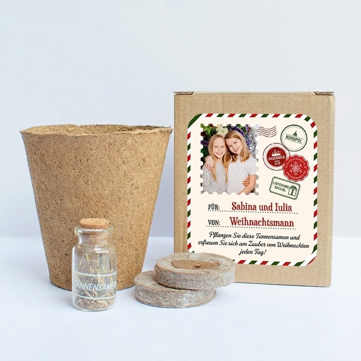 Set zum Anpflanzen von Tannensamen in einer personalisierten Schachtel mit Foto und Botschaft – Von 