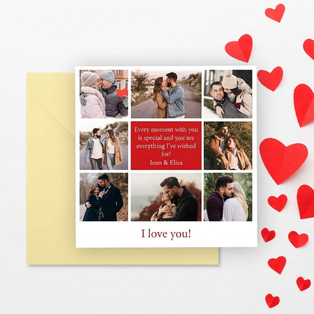 Individuell gestaltete quadratische Karte mit 8 Fotos und einer Botschaft – Love