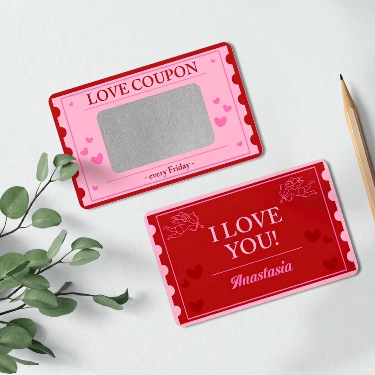 Individuell gestaltete, beidseitig bedruckte Aluminium-Rubbelkarte mit Botschaft – Love Coupon