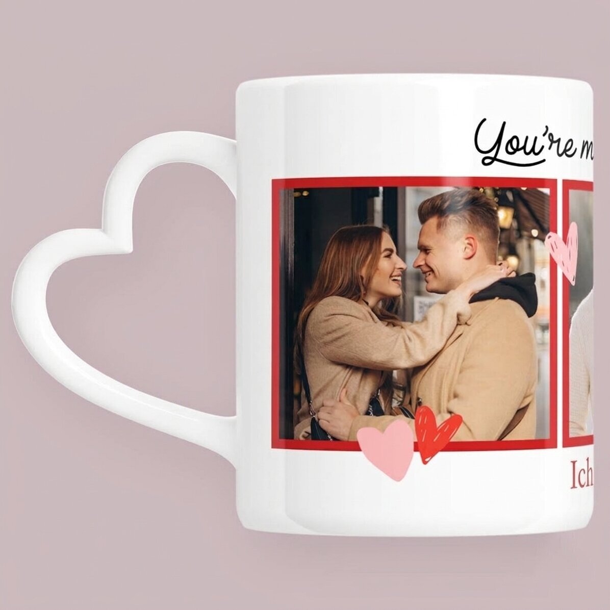 Personalisierte Tasse mit 3 Fotos und Text – „My favorite“ – Modell mit herzförmigem Henkel