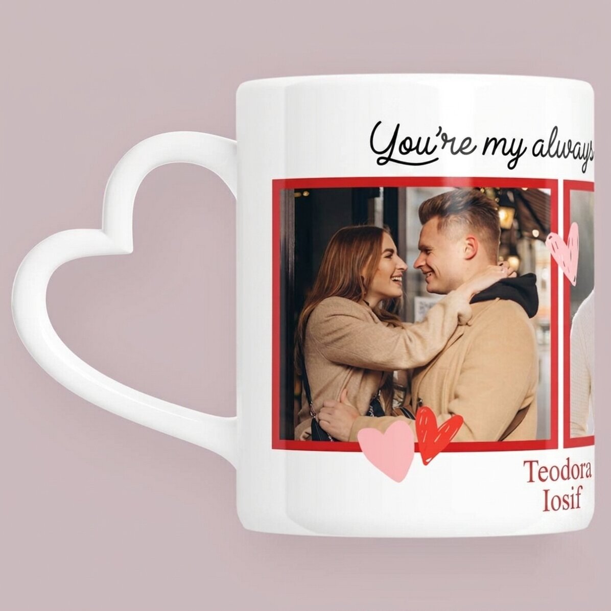 Personalisierte Tasse mit 3 Fotos und Text – „My favorite“ – Modell mit herzförmigem Henkel
