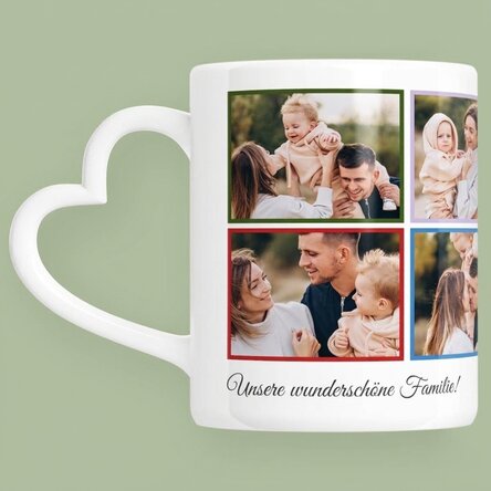 Personalisierte Tasse mit 8 Fotos und Text – Modell mit herzförmigem Henkel