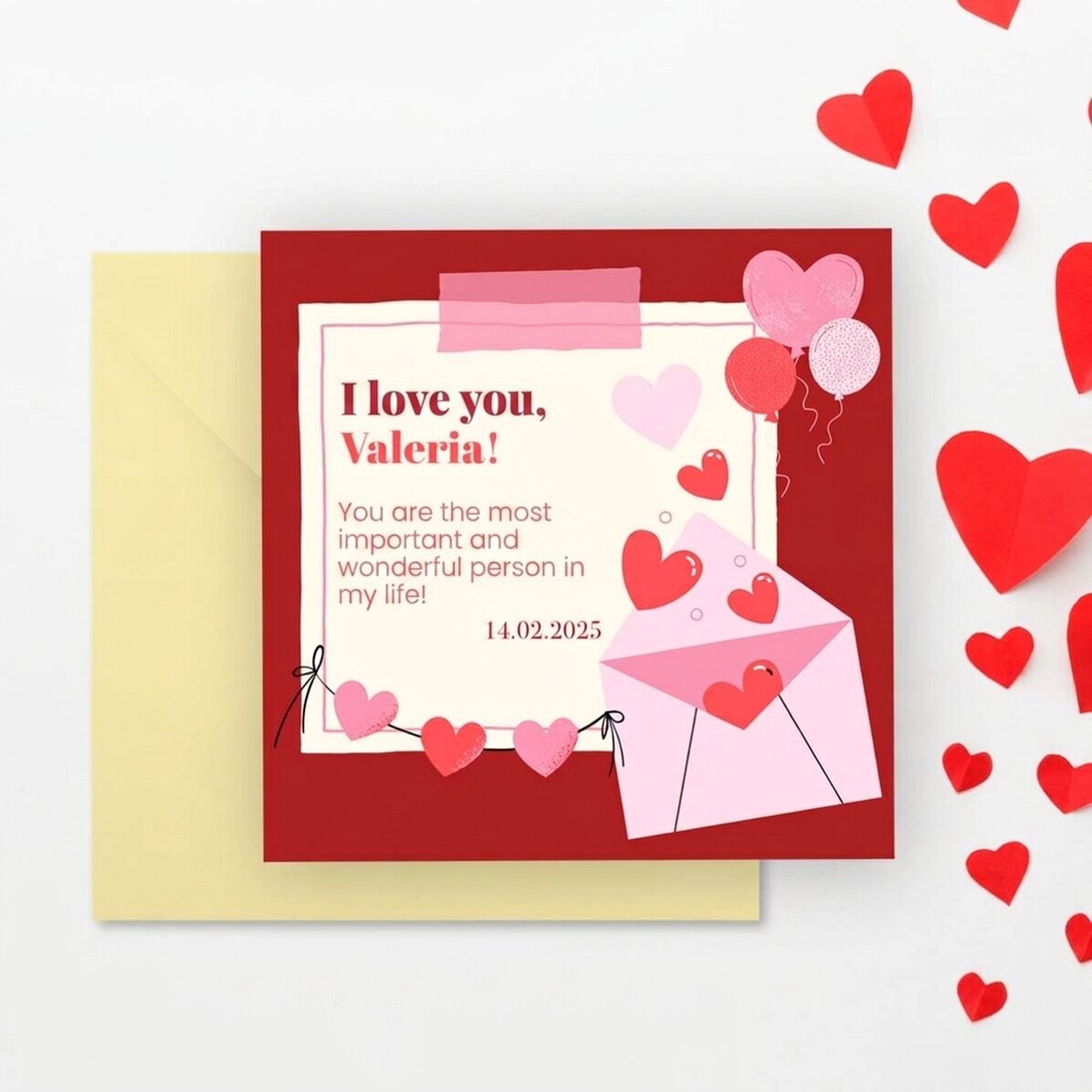 Individuell gestaltete quadratische Karte mit der Botschaft „Ich liebe dich!“