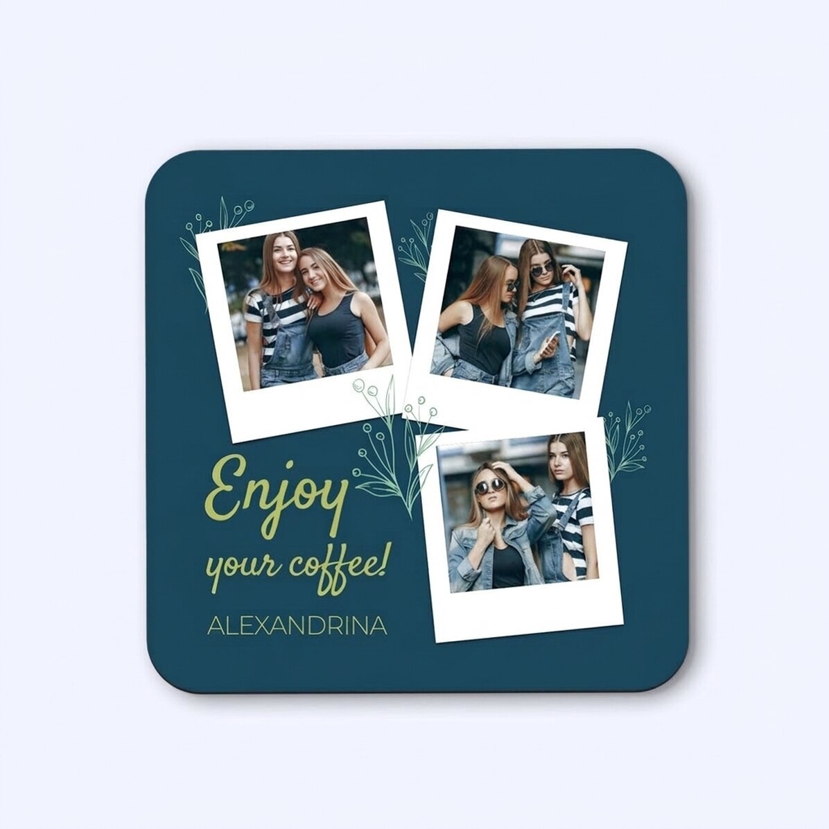Personalisierter Untersetzer mit 3 Fotos und Text – Enjoy your coffee