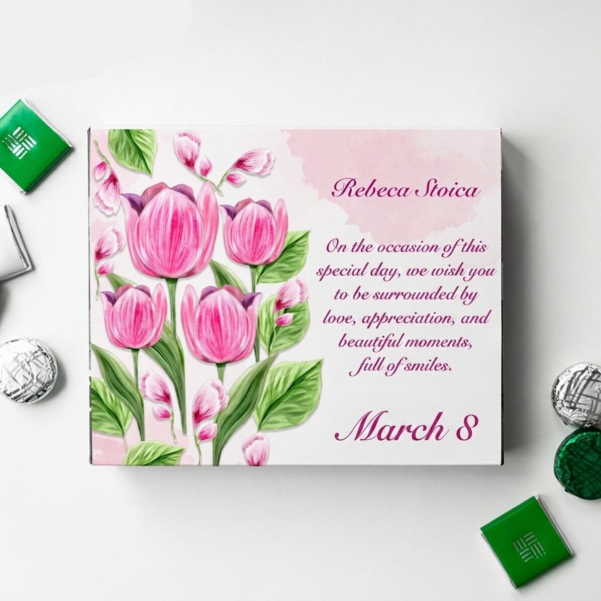Personalisierte Pralinenschachtel mit Text – Tulpen