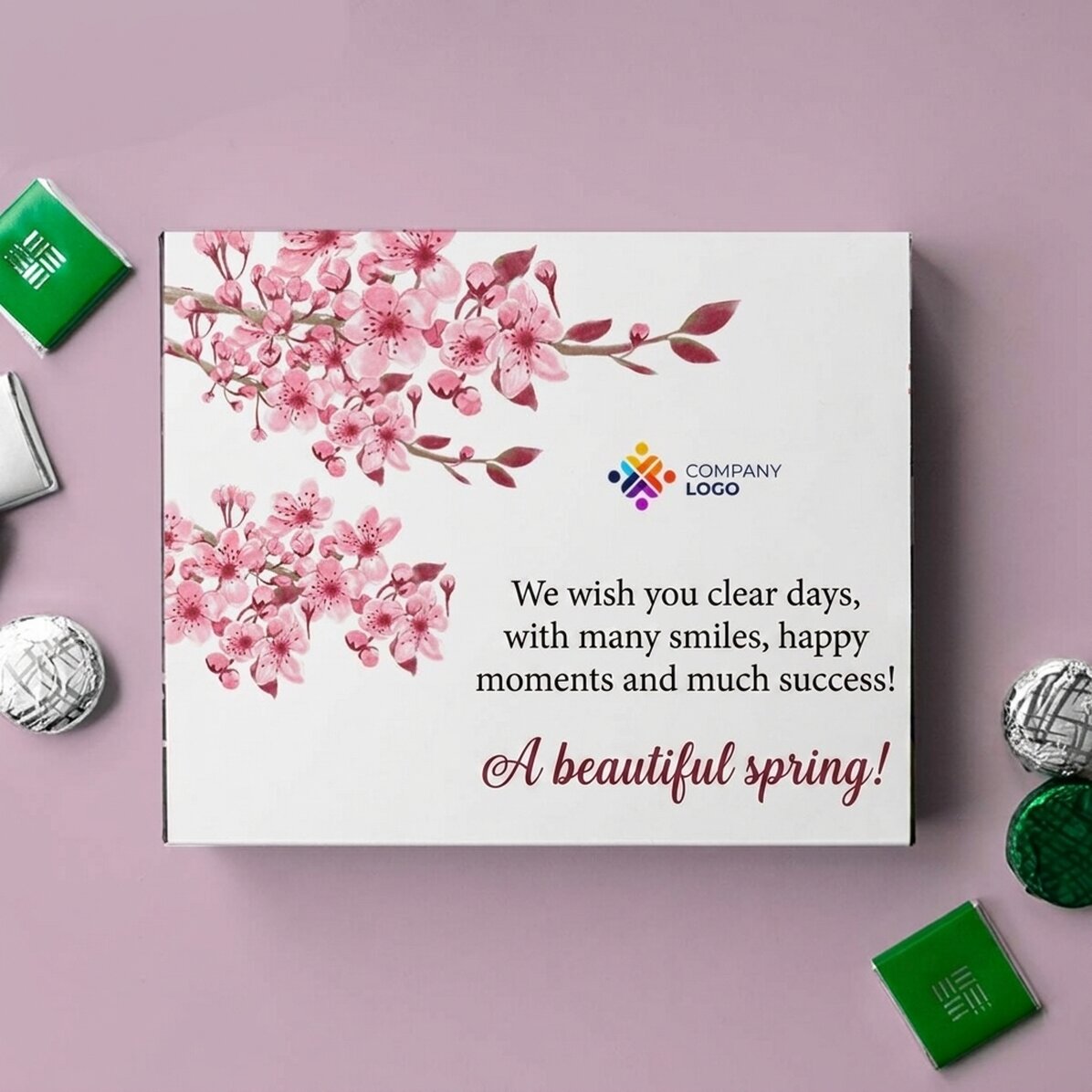 Personalisierte Pralinenschachtel mit Logo und Text – Frühling