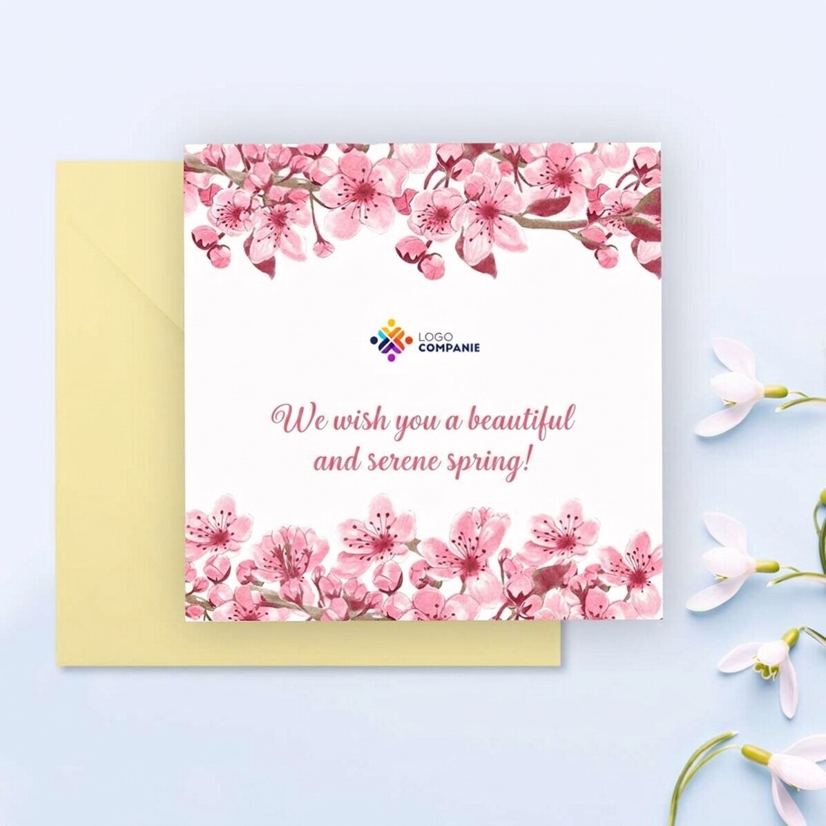 Individuell gestaltete quadratische Karte mit Text und Logo – Frühling