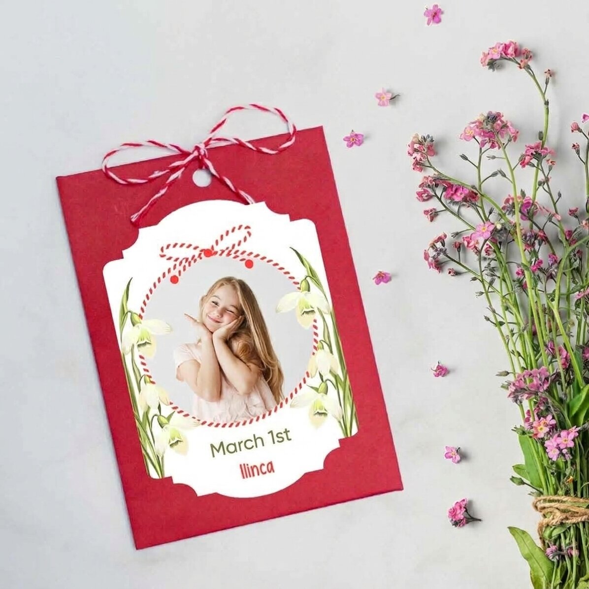 Individuell gestalteter Martisor zum Einpflanzen mit Foto und Botschaft – Schneeglöckchen