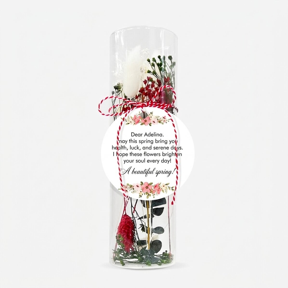 Martisor-Ornament aus Glas mit konservierten Blumen, individuell mit einer Botschaft versehen