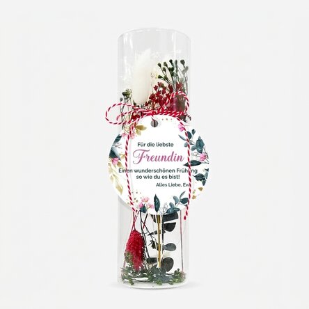 Martisor-Dekoration aus Glas mit konservierten Blumen, individuell mit einer Botschaft gestaltet – M