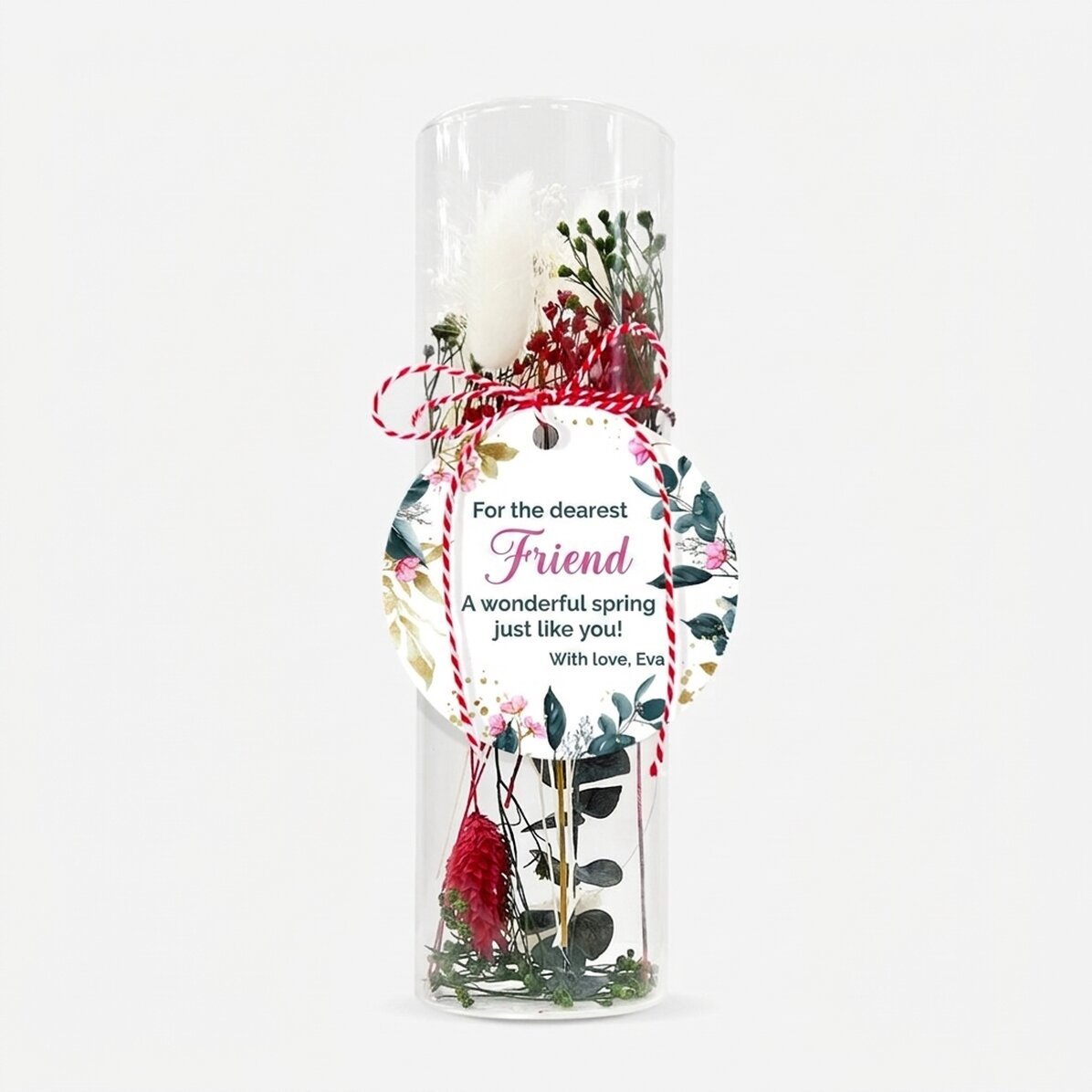 Martisor-Dekoration aus Glas mit konservierten Blumen, individuell mit einer Botschaft gestaltet – M