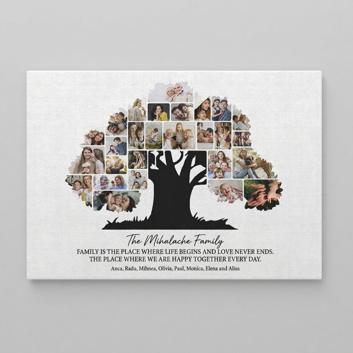 Individuell gestaltetes Leinwandbild im Querformat mit Fotos und Text – Unsere Familie