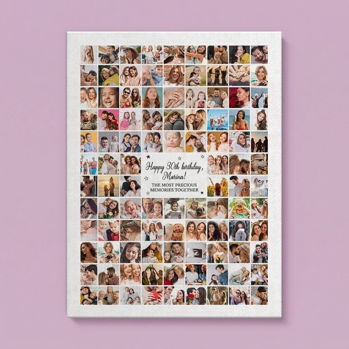 Individuell gestaltetes Leinwandbild mit 102 Fotos und einer Botschaft