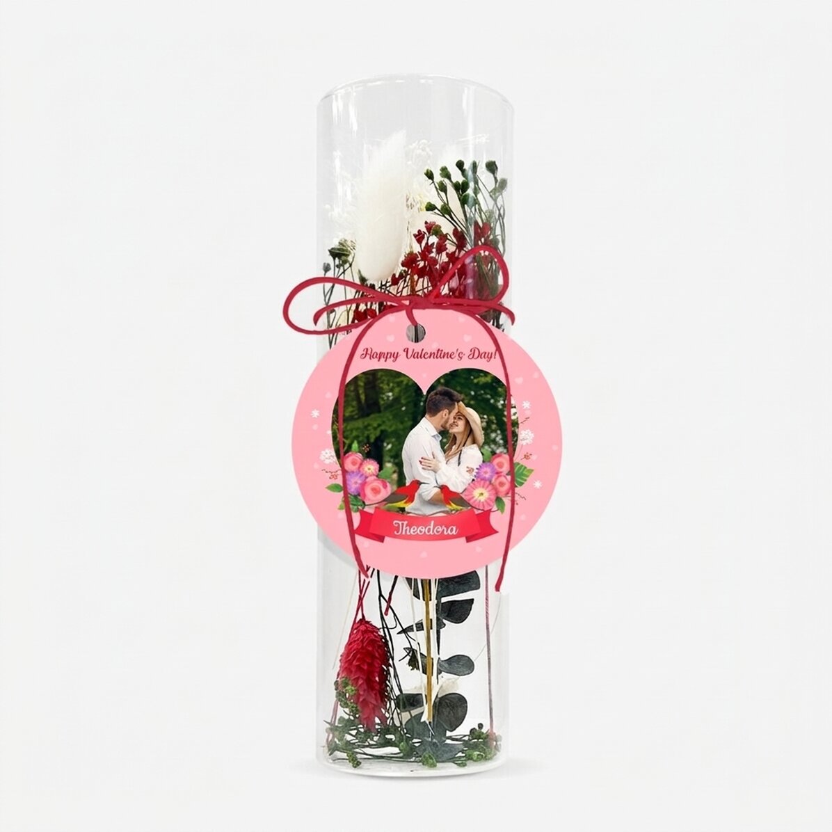 Glasornament mit konservierten Blumen, individuell gestaltet mit Text und Foto – Love