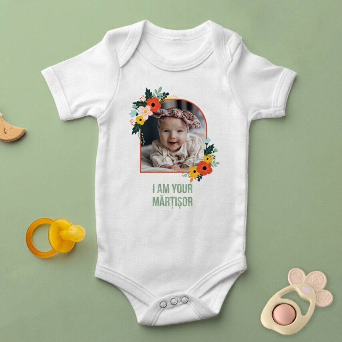 Personalisierter Babybody mit Foto und Text – Blumen