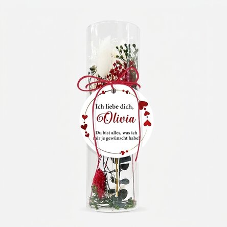 Glasornament mit konservierten Blumen, individuell mit dem Text „Ich liebe dich“ versehen