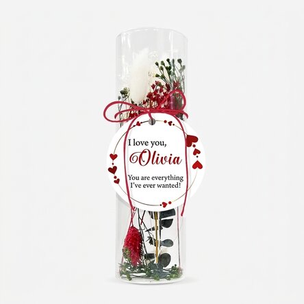 Glass ornament with preserved flowers personalised with text - I love you
